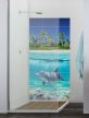 Tropical dolphin bathroom tile mural with coral reef and palm island